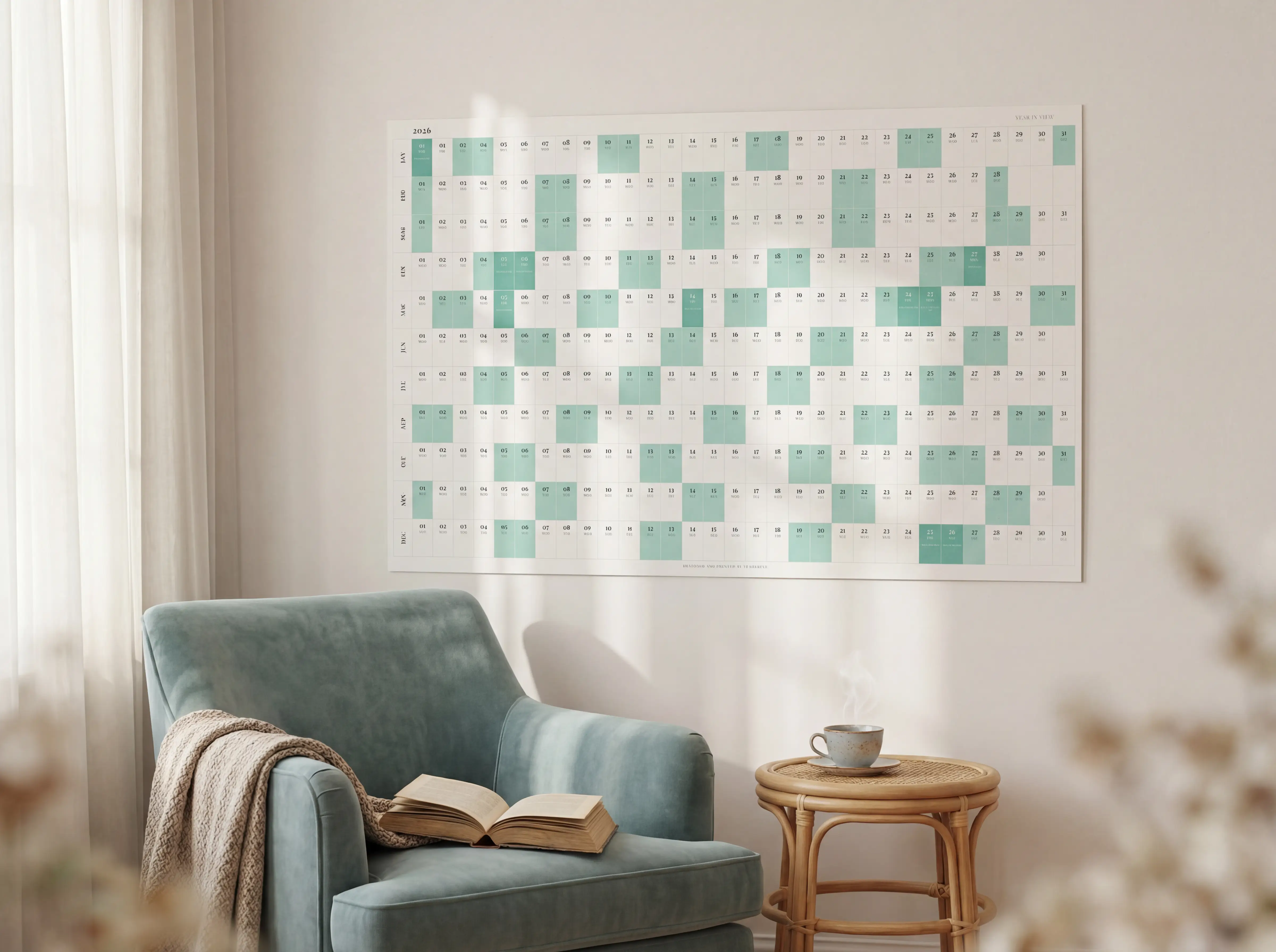 Yearprint calendar above a velvet reading chair